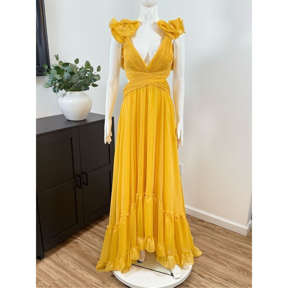 Mac Duggal Womens Chiffon Ruffle Sleeve V Neck A-Line Gown Marigold Size 10 - Picture 8 of 14